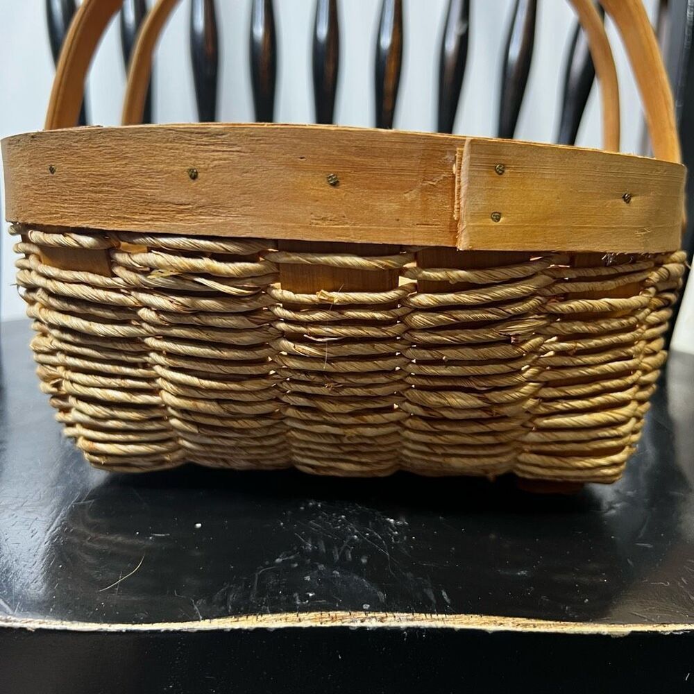 Brown Wooden Woven Double Handled Basket